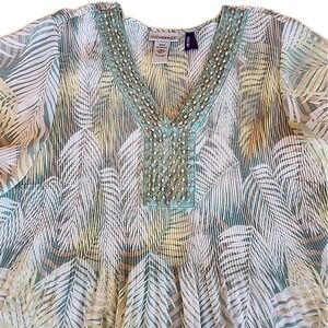 Catherines Beaded Flutter Sleeve Crinkle Blouse Boho Tropical Resort Top Sz 1XP